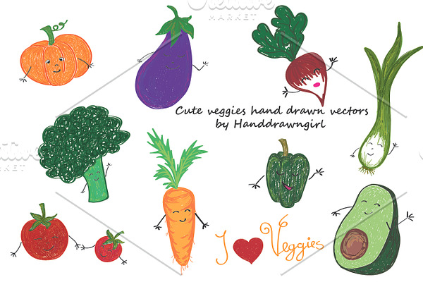 Cute veggies hand drawn vectors