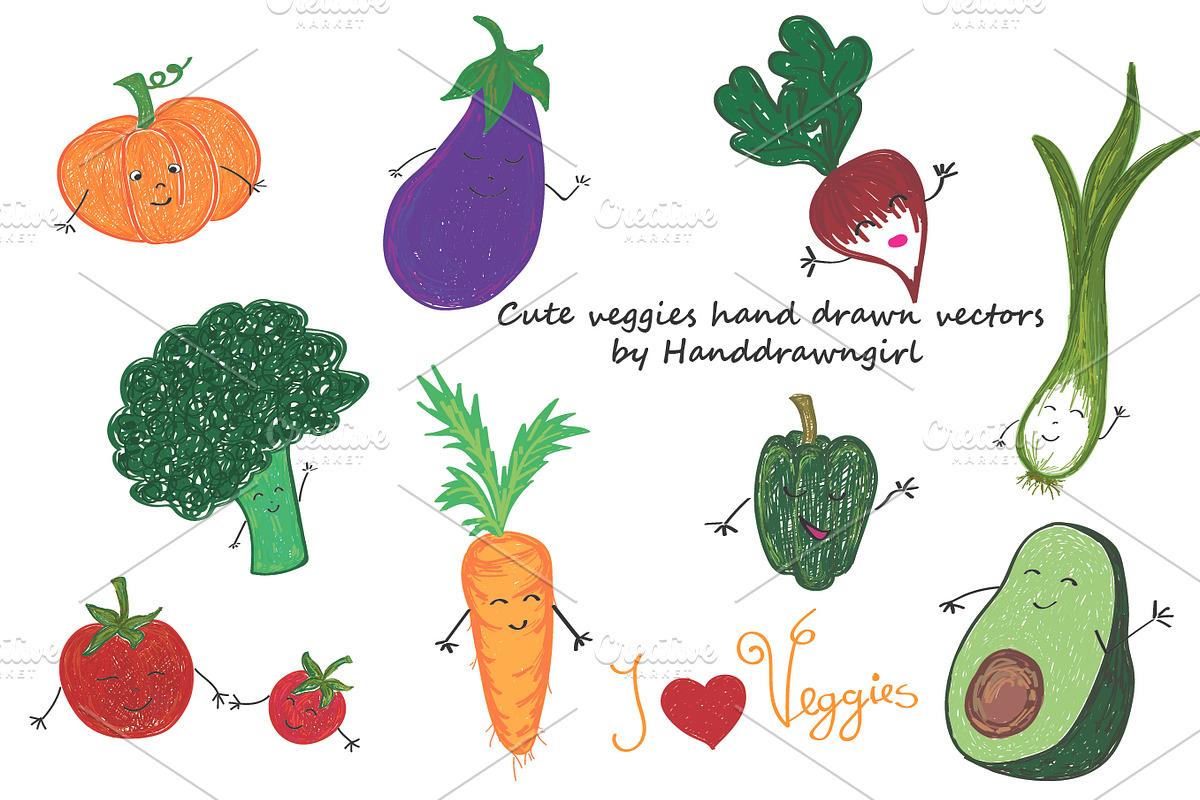 Cute veggies hand drawn vectors in Objects - product preview 8