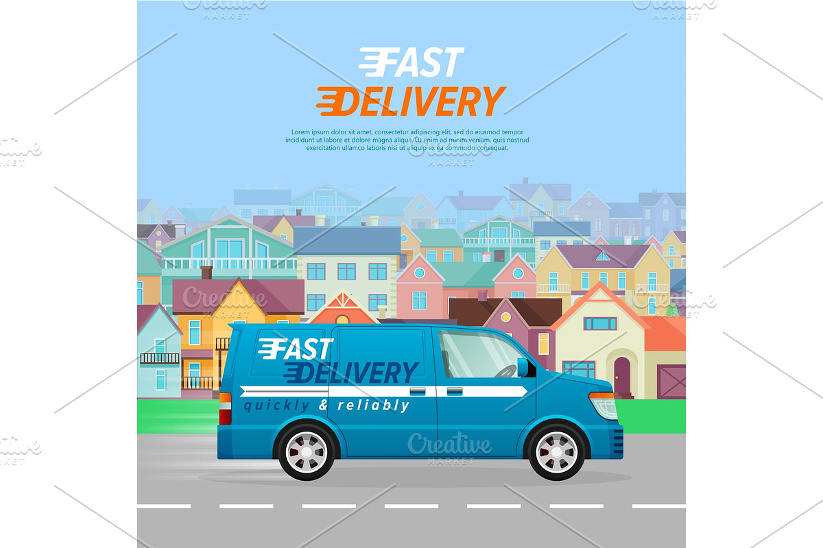 Blue Delivery Van on the Road in in Illustrations - product preview 8