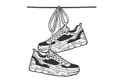 Sneakers on wire sketch engraving