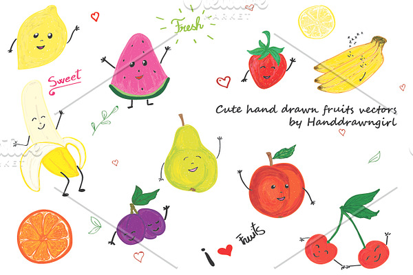 Cute hand drawn fruits vectors
