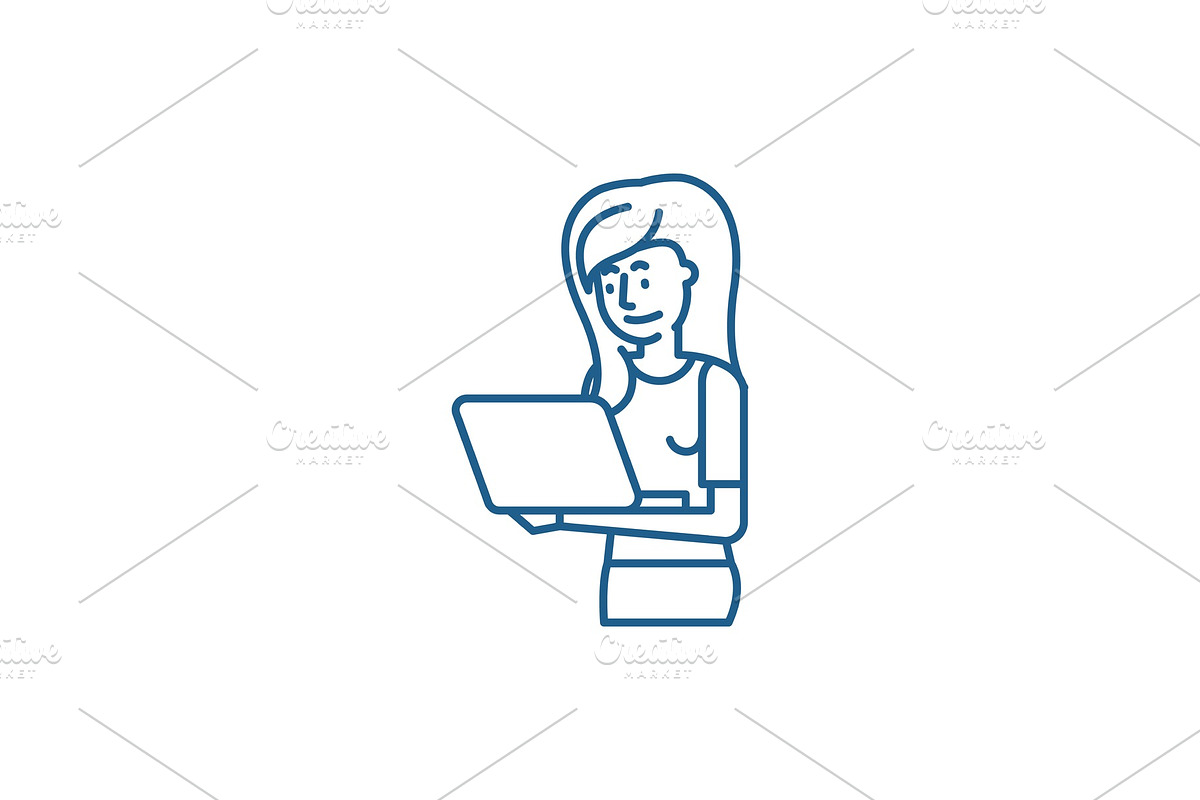 Girl with laptop line icon concept in Illustrations - product preview 8