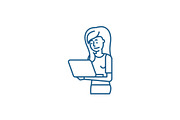 Girl with laptop line icon concept
