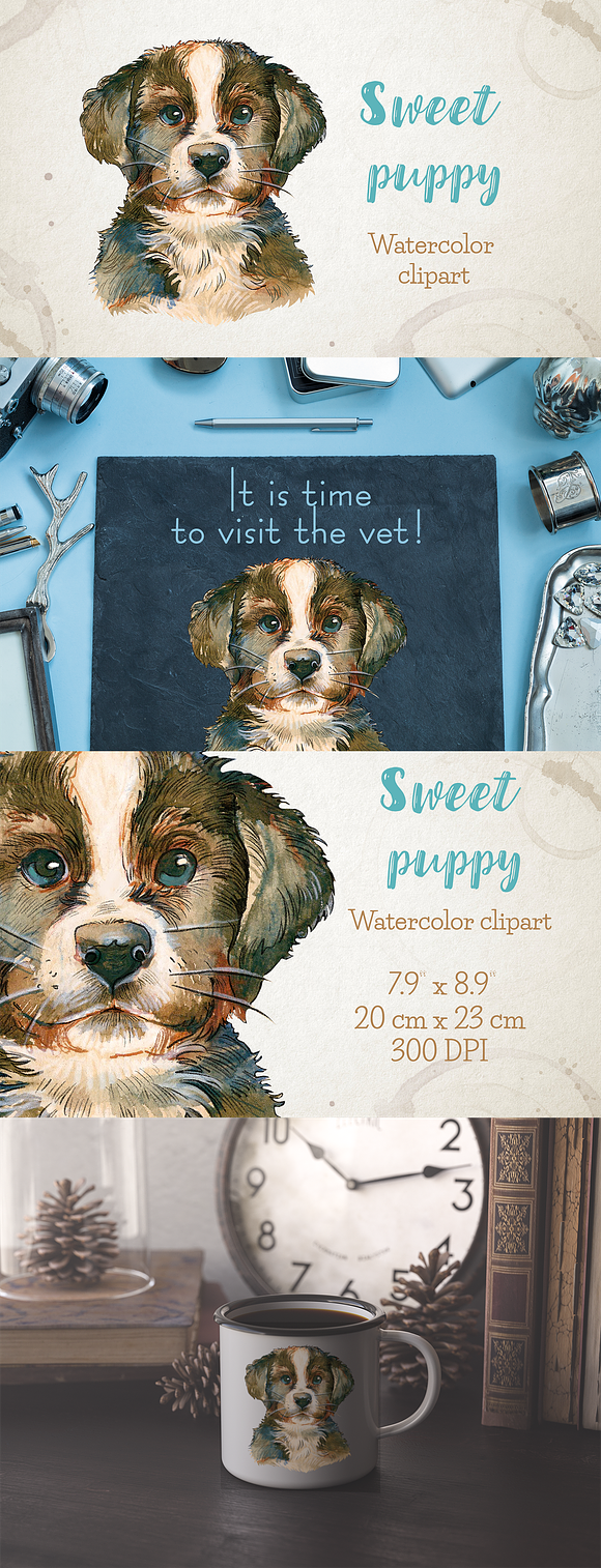 Little puppy watercolor clipart in Illustrations - product preview 5