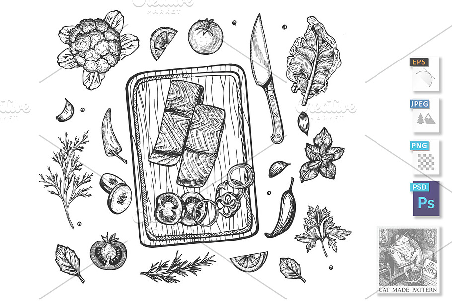 Fresh salmon vegetables composition in Illustrations - product preview 8