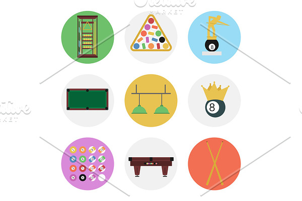 Nine color flat billiards icon set