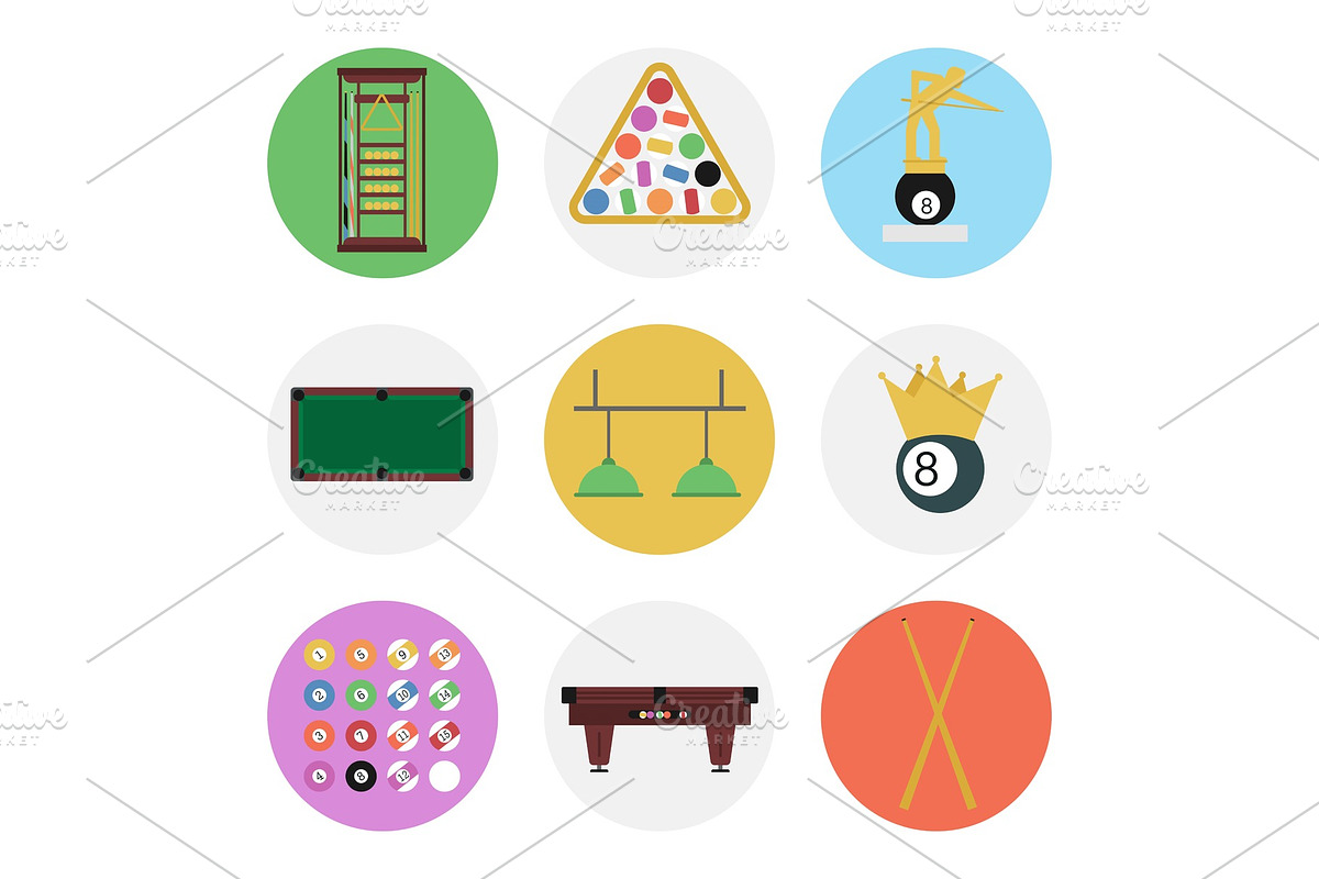 Nine color flat billiards icon set in Objects - product preview 8