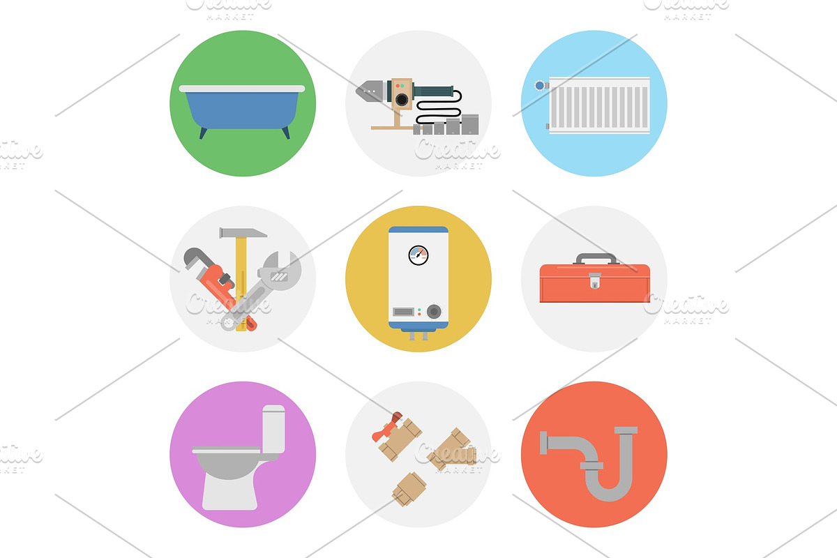 Nine color flat icon set - PLUMBING in Illustrations - product preview 8