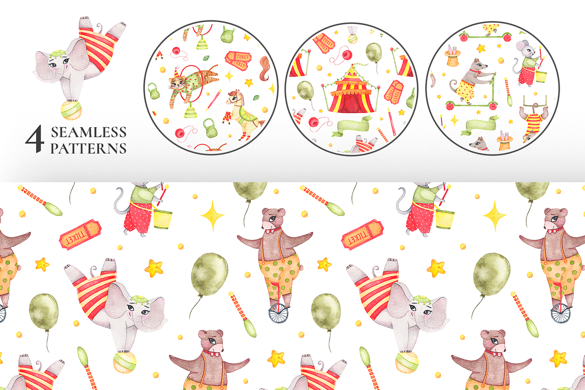 Circus animals watercolor clipart in Illustrations - product preview 8