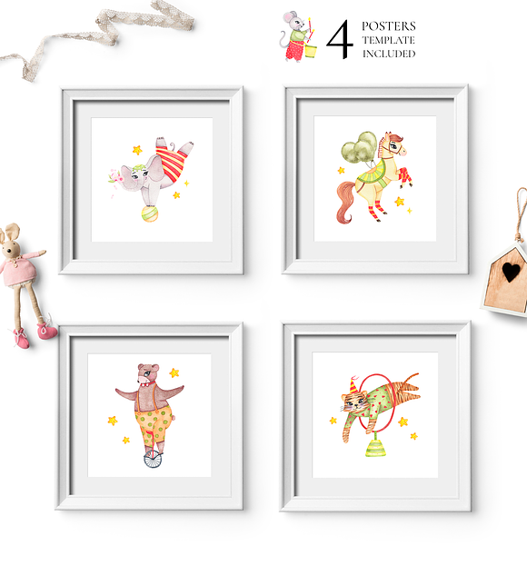 Circus animals watercolor clipart in Illustrations - product preview 1