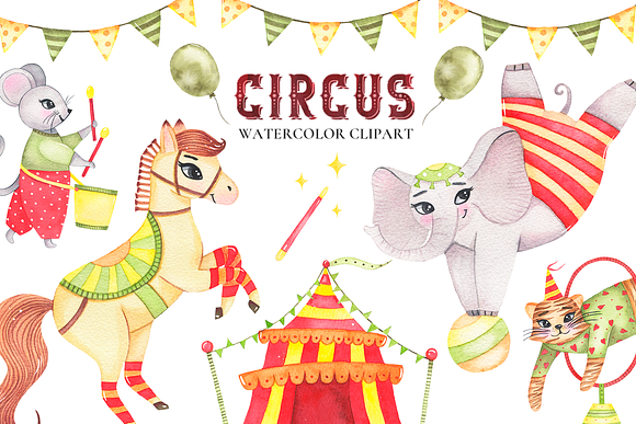 Circus animals watercolor clipart in Illustrations - product preview 2