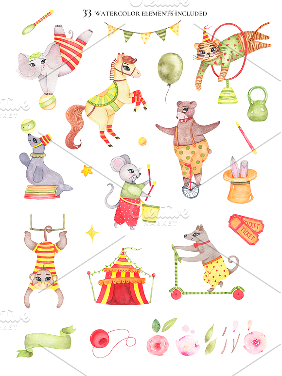 Circus animals watercolor clipart in Illustrations - product preview 3