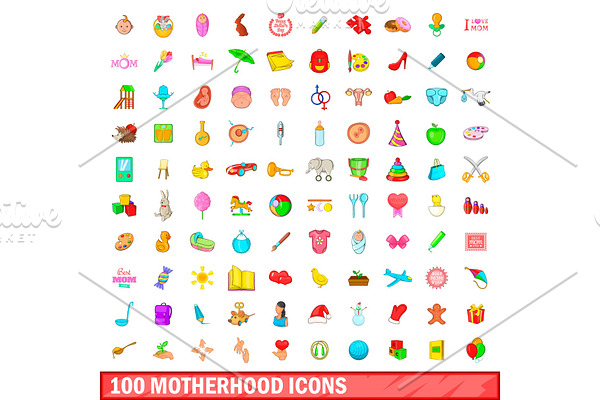100 motherhood icons set, cartoon
