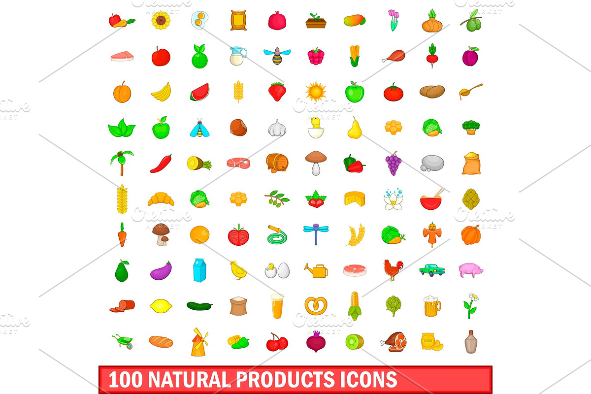 100 natural product icons set in Illustrations - product preview 8