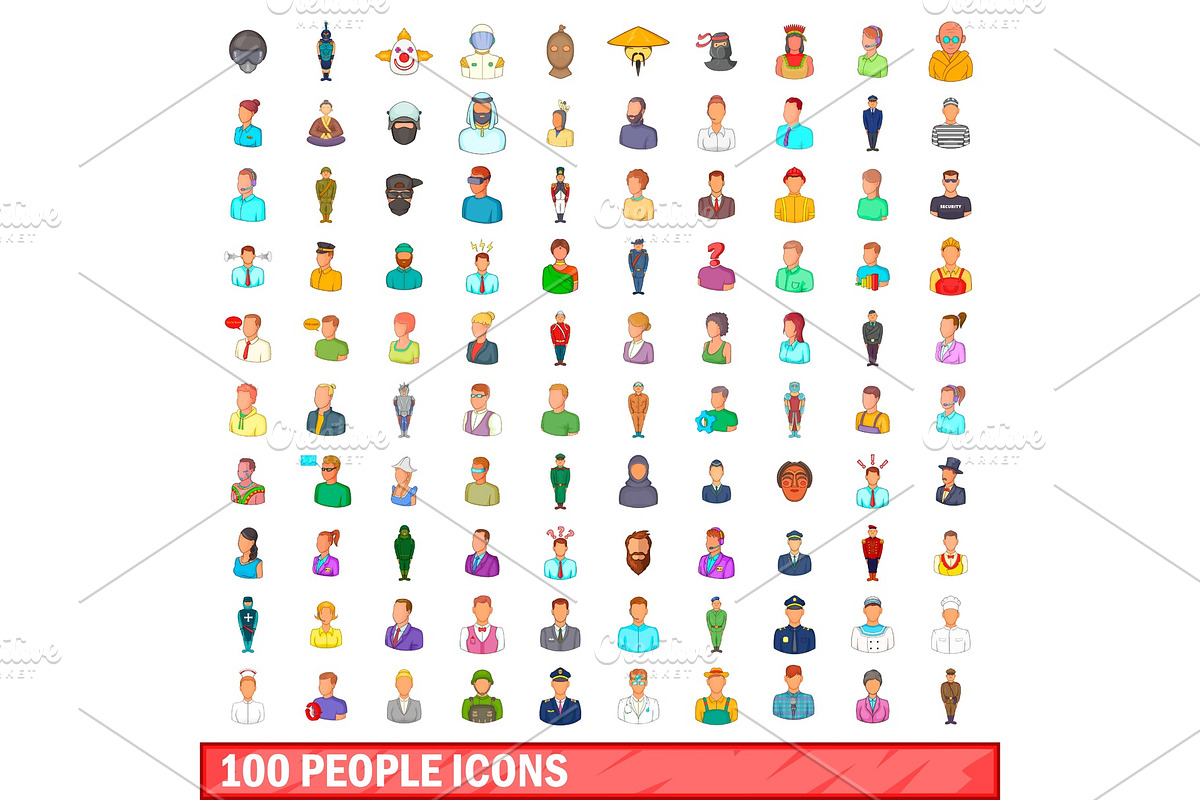 100 people icons set, cartoon style in Illustrations - product preview 8