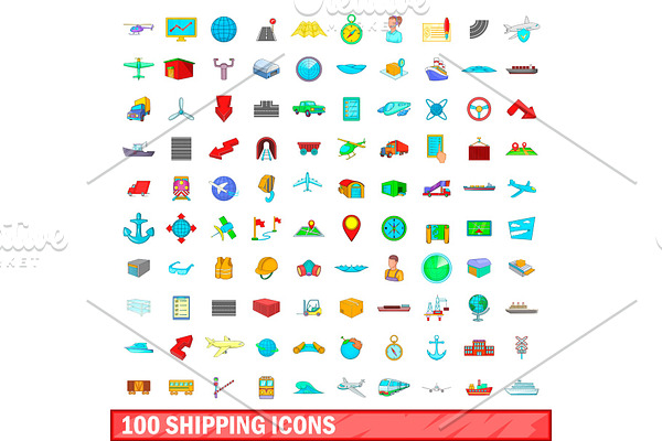 100 shipping icons set, cartoon