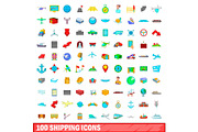 100 shipping icons set, cartoon