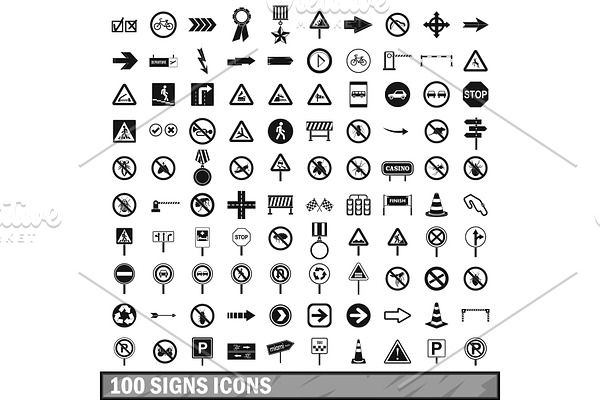 100 road signs icons set in simple