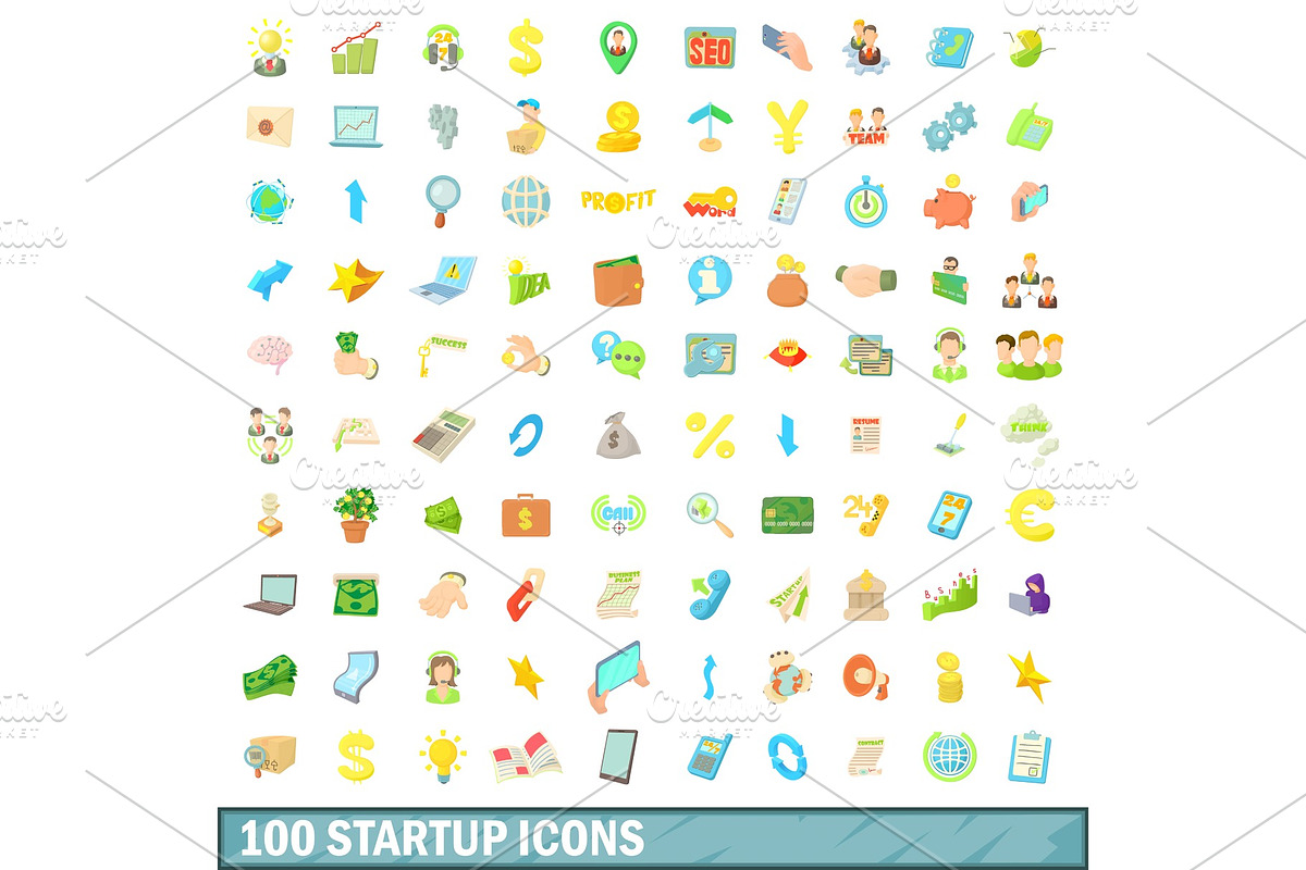 100 startup icons set, cartoon style in Illustrations - product preview 8