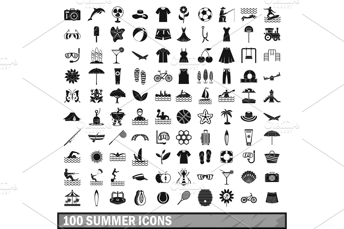 100 summer icons set in simple style in Illustrations - product preview 8