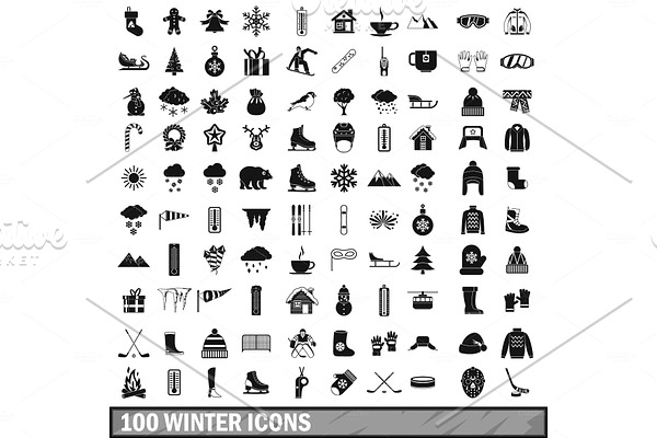 100 winter icons set in simple style