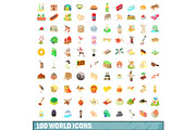 100 world icons set, cartoon style