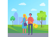 Young Couple Walking in Park Cartoon