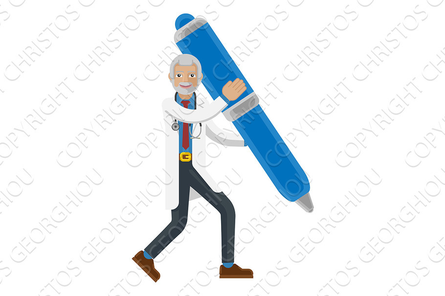 Mature Doctor Man Mascot Holding Pen
