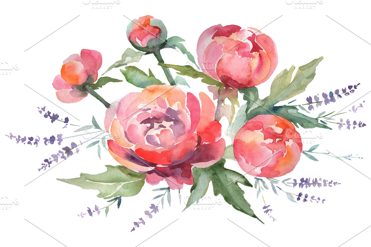 Bouquet with peonies and lavender in Graphics - product preview 8