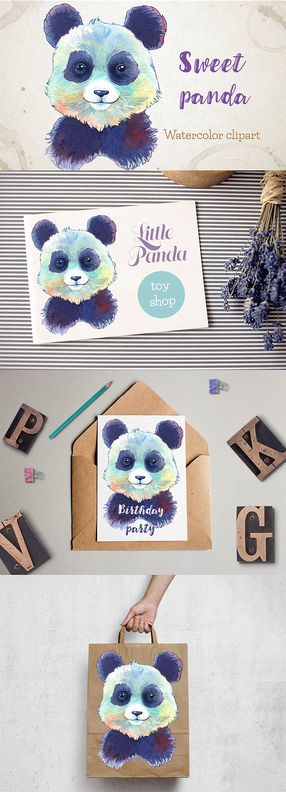 Sweet panda watercolor clipart in Illustrations - product preview 7