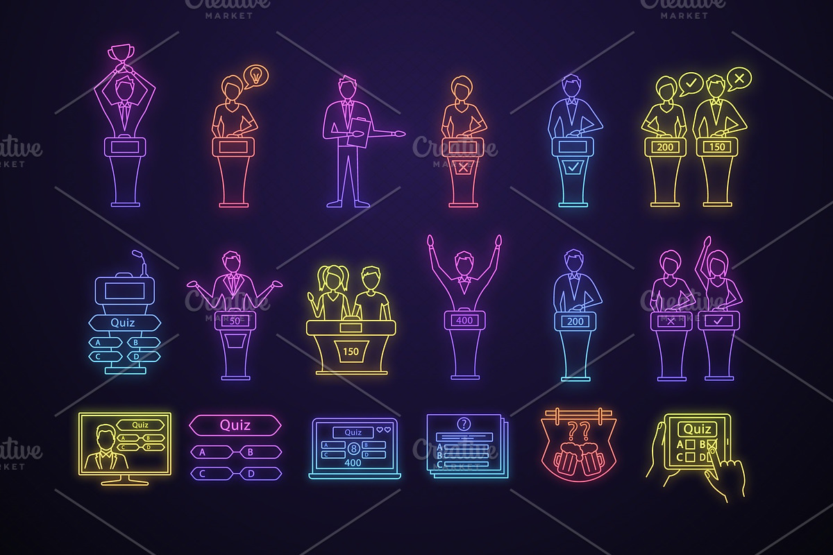 Quiz show neon light icons set in Icons - product preview 8