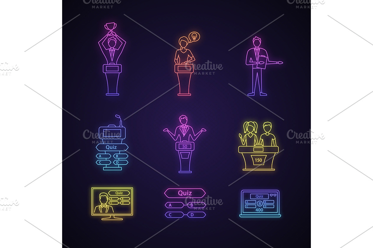 Quiz show neon light icons set in Icons - product preview 8
