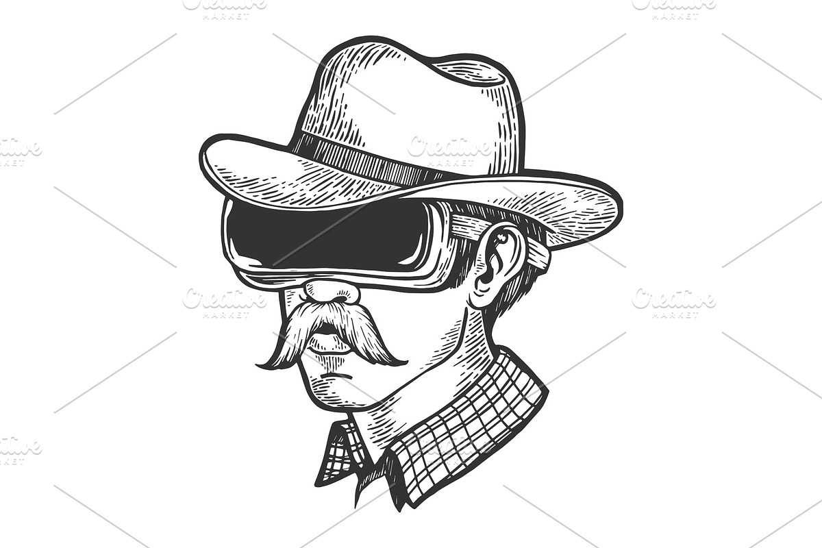 Cowboy in VR helmet glasses sketch in Illustrations - product preview 8
