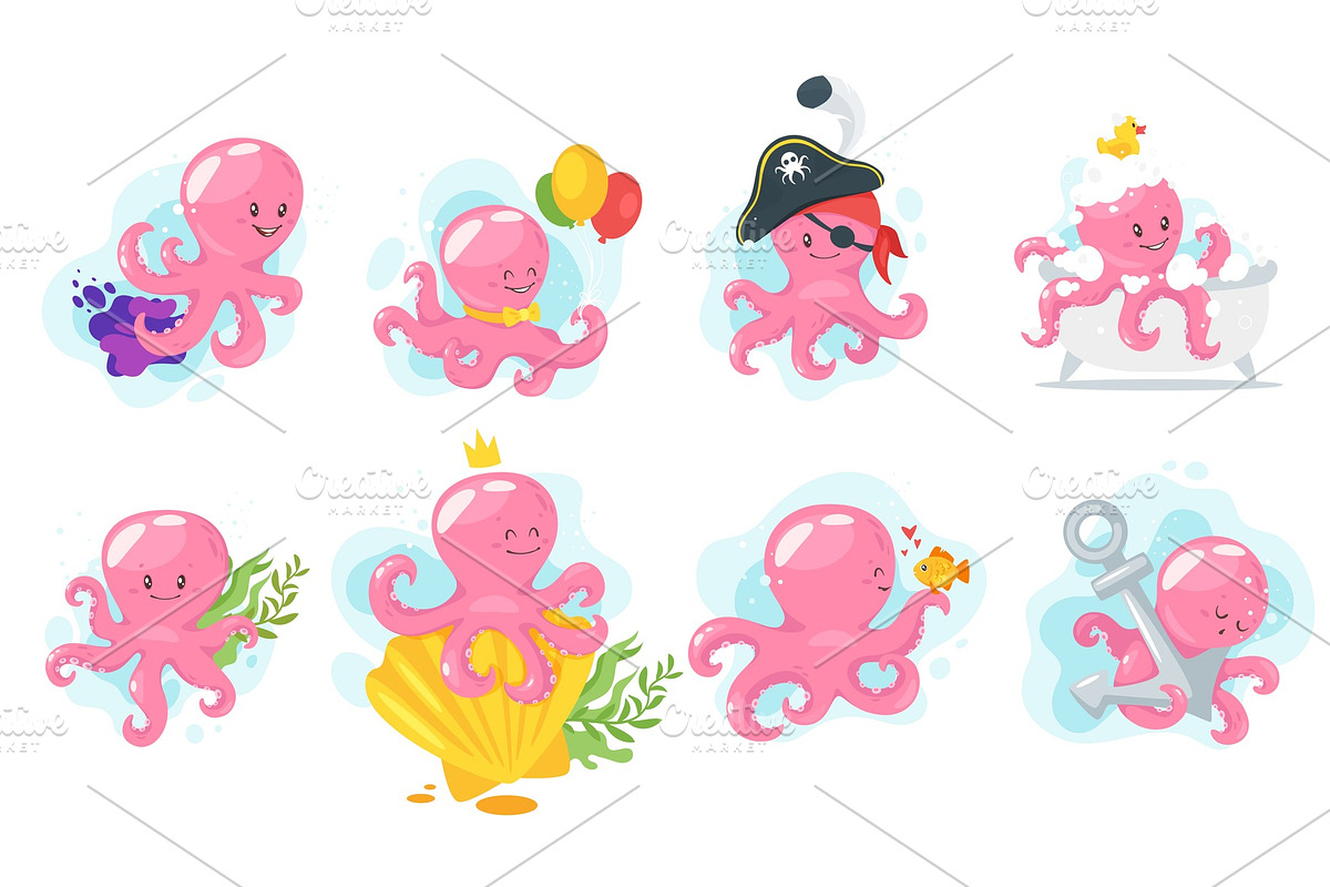 Octopus cartoon style baby character in Illustrations - product preview 8