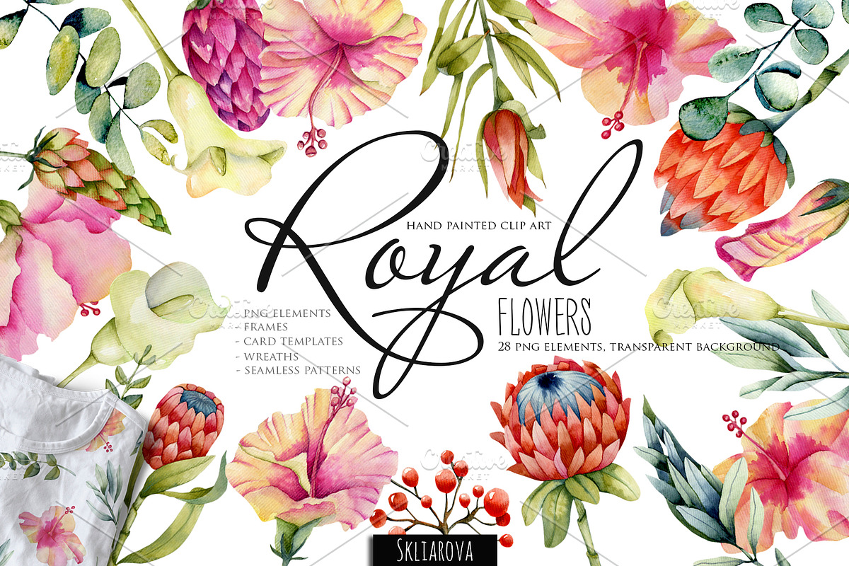 Royal flowers. Watercolor clip art. in Illustrations - product preview 8