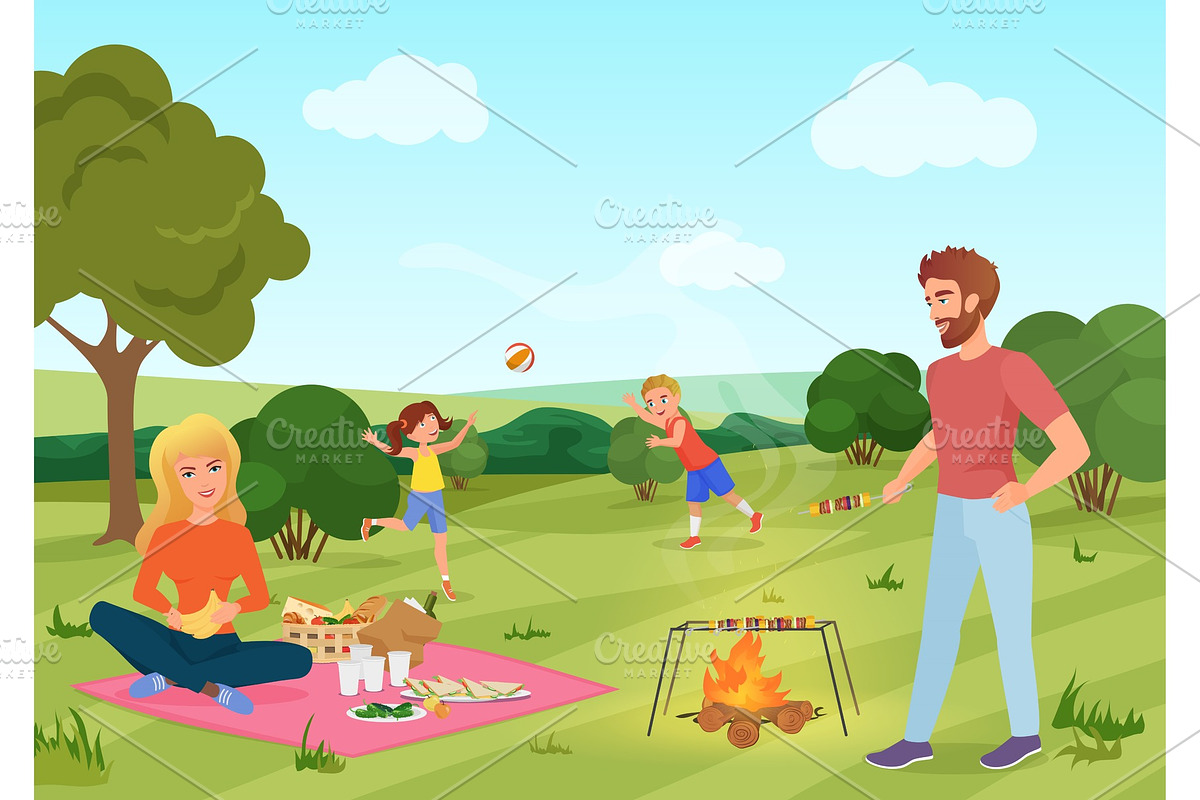 Young family on picnic in forest in Illustrations - product preview 8