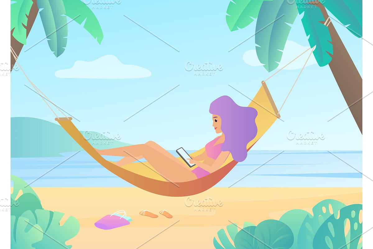 Girl in swimsuit in hammock in Illustrations - product preview 8