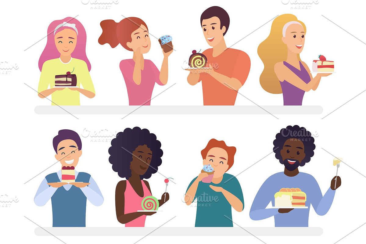 Happy people eating pie and cakes in Illustrations - product preview 8