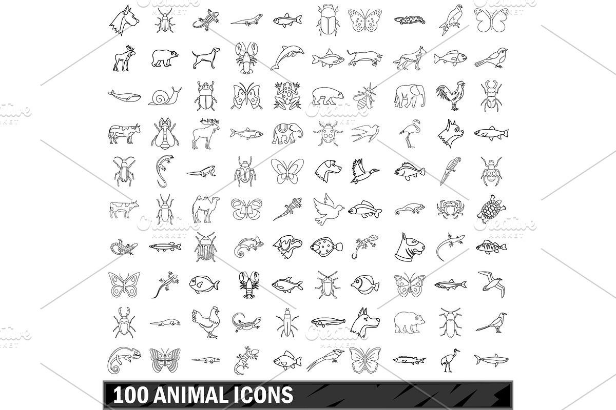 100 animal icons set, outline style in Illustrations - product preview 8