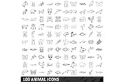 100 animal icons set, outline style