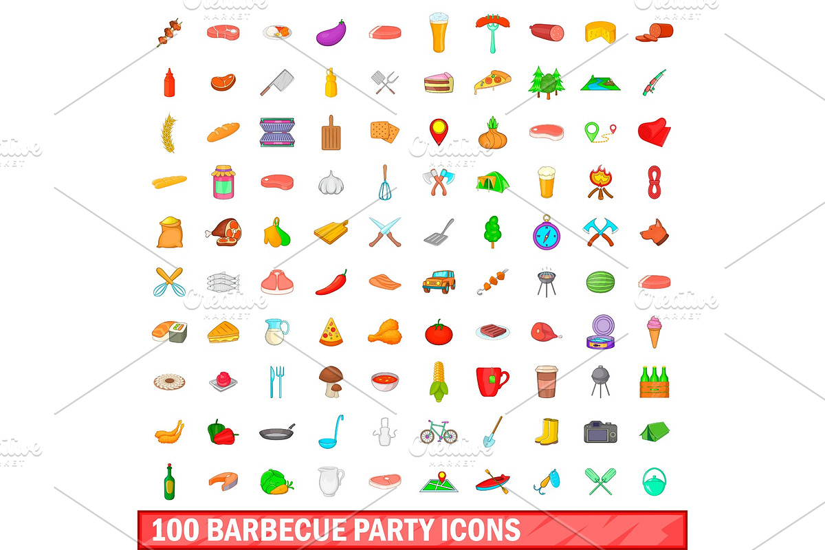 100 barbecue party icons set in Illustrations - product preview 8