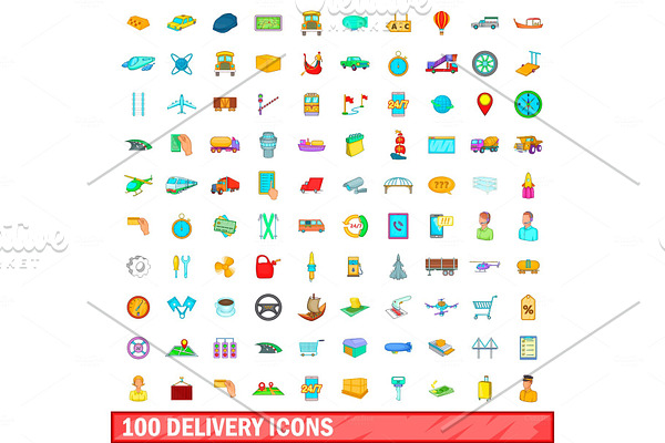 100 delivery icons set, cartoon