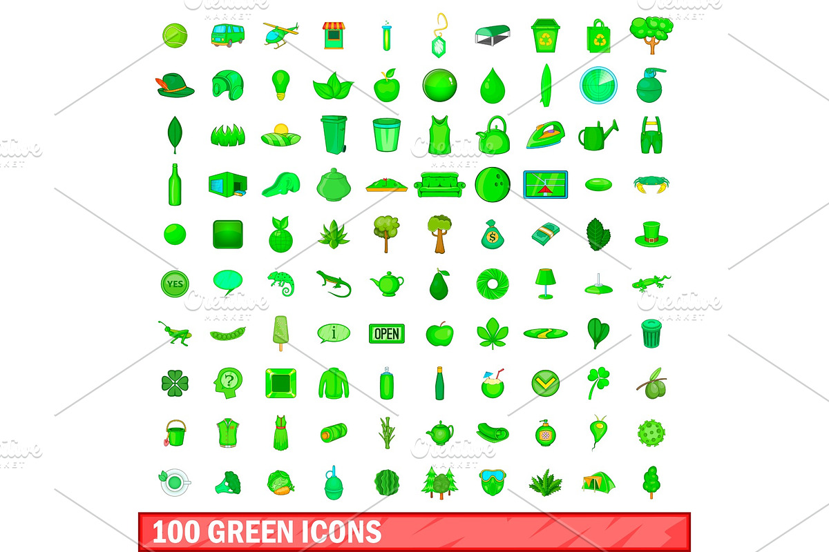 100 green icons set, cartoon style in Illustrations - product preview 8
