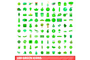 100 green icons set, cartoon style