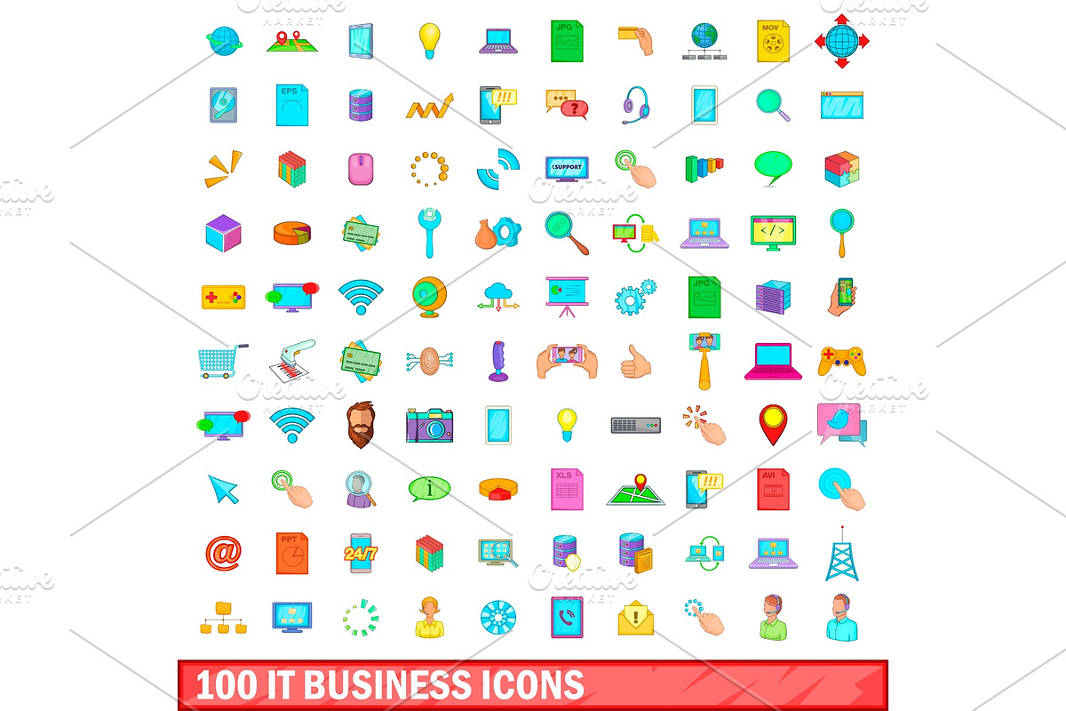 100 it business icons set, cartoon in Objects - product preview 8