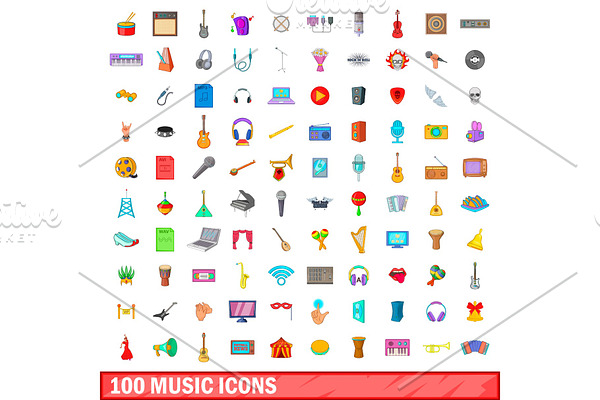 100 music icons set, cartoon style