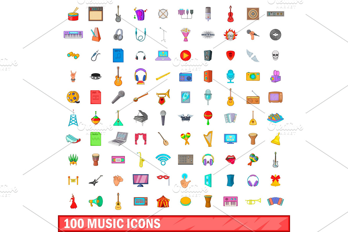 100 music icons set, cartoon style in Objects - product preview 8