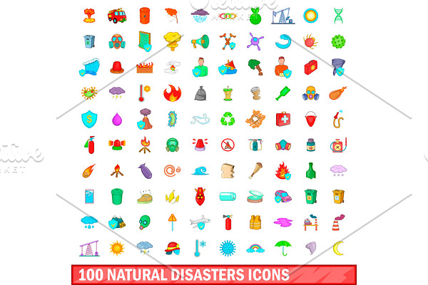 100 natural disasters icons set