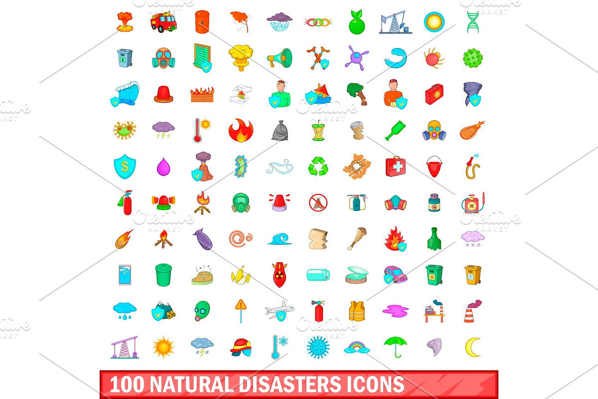 100 natural disasters icons set in Objects - product preview 8