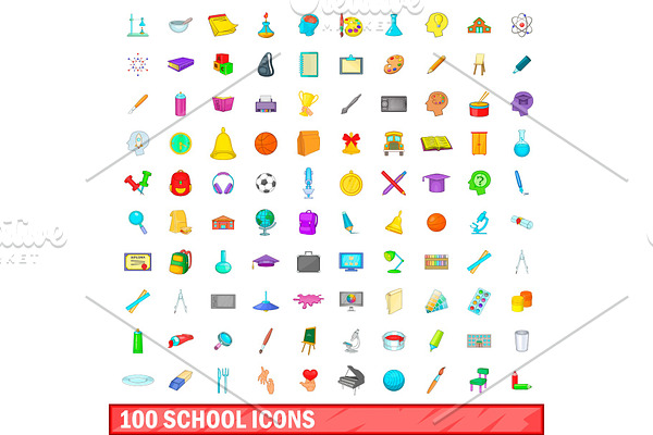 100 school icons set, cartoon style